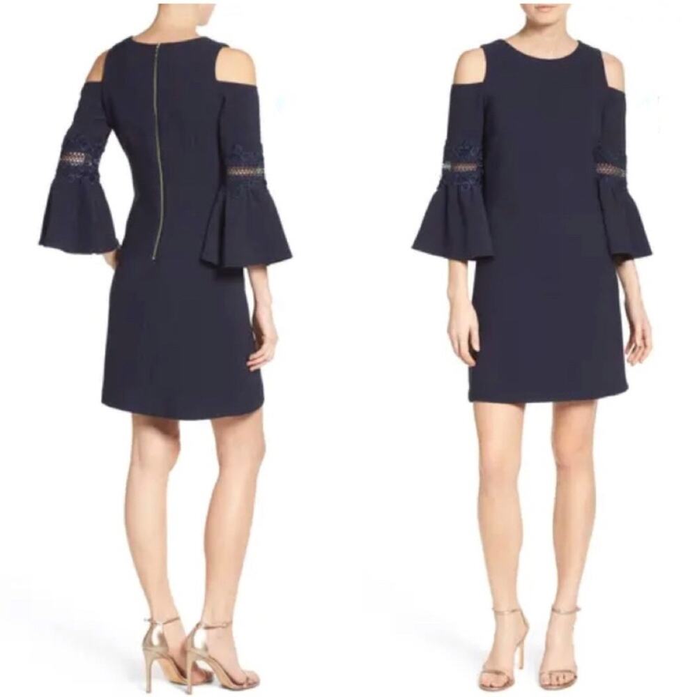 Eliza J Appliqué Crepe Cold Shoulder Navy Blue A-Line Dress Size 4